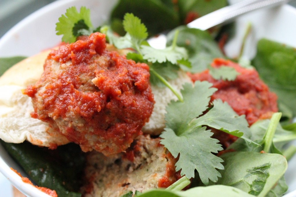 Chipotle turkey meatball with greens and bread